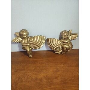 Vintage Pair Of 70s Burwood Cherubs Angels Wall Pockets Planters Gold Resin